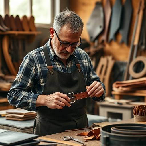 Artesano trabajando el cuero en su taller, mostrando un cintur&radic;&ge;n con dise&radic;&plusmn;os intrincados y herramientas de trabajo a su alrededor.
