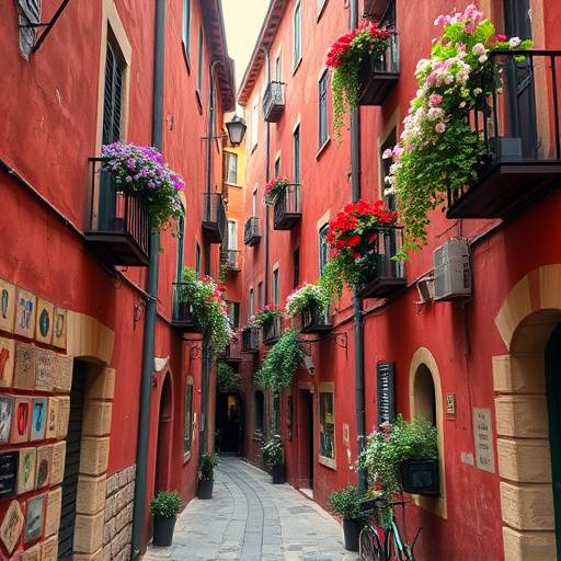 Callej&radic;&ge;n estrecho y empedrado en el pueblo de Albarrac&radic;&ne;n, con casas de color rojizo y balcones llenos de flores.
