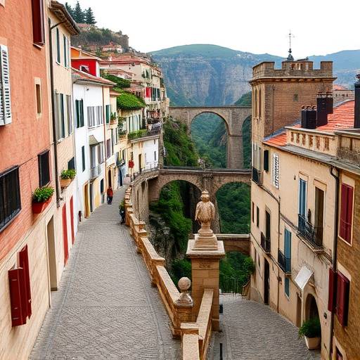 Calles empedradas de Ronda, M&radic;&deg;laga, con la imponente vista del Tajo de Ronda y el Puente Nuevo al fondo.