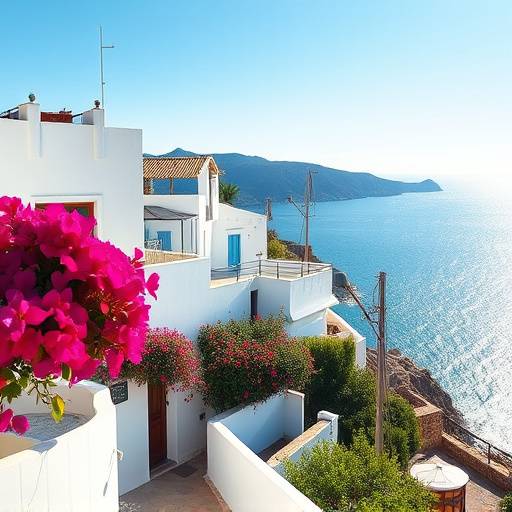 Casas blancas encaladas de Frigiliana, M&radic;&deg;laga, adornadas con buganvillas de colores y con el mar Mediterr&radic;&deg;neo de fondo.