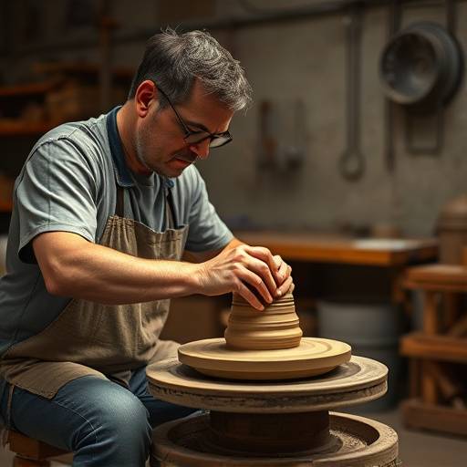 Fotograf&radic;&ne;a de Jos&radic;&copy; Ruiz, alfarero de Agost, modelando una pieza de barro en su torno.