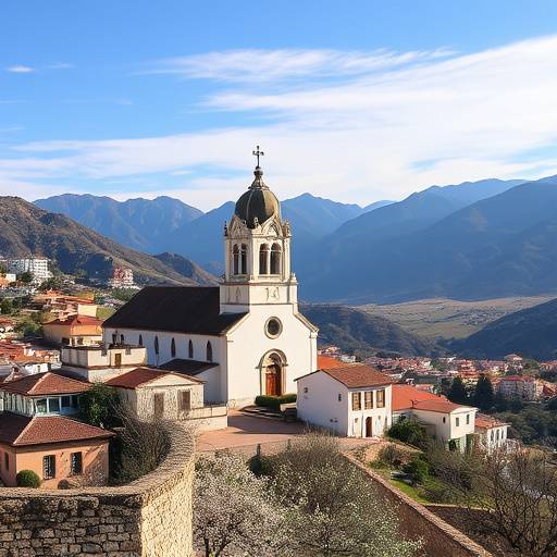Iglesia y casas tradicionales de Tejeda, Gran Canaria, rodeadas de monta&radic;&plusmn;as y almendros en flor.