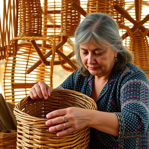 Imagen de Carmen L&radic;&ge;pez, cestera de mimbre en Cuenca, tejiendo una cesta de mimbre.