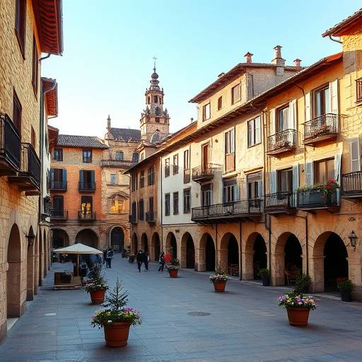 Plaza Mayor de Pedraza, Segovia, con sus casas se&radic;&plusmn;oriales de piedra y sus balcones de madera adornados con flores.