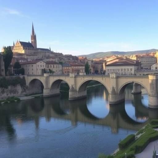 Puente romano sobre el r&radic;&ne;o Durat&radic;&ge;n en Sep&radic;&ordm;lveda, Segovia, con el pueblo antiguo y sus iglesias rom&radic;&deg;nicas al fondo.