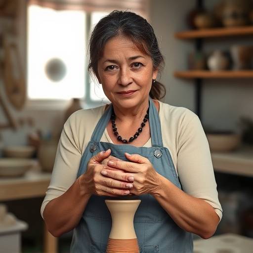 Retrato de Elena Garc&radic;&ne;a, ceramista de Talavera de la Reina, trabajando en su taller.