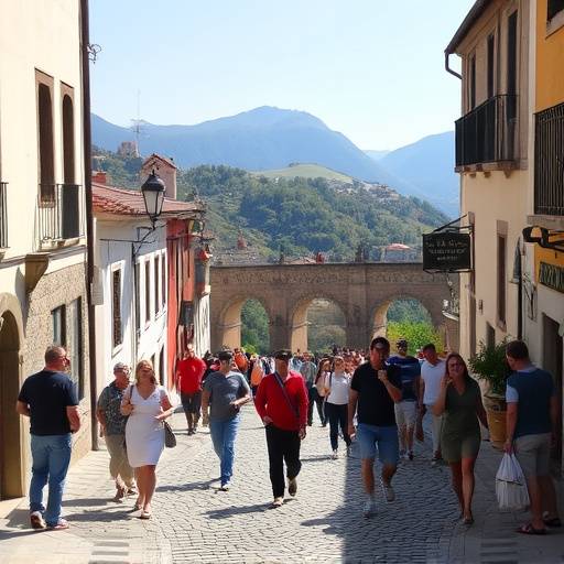 Turistas caminando por una calle empedrada en el pueblo de Ronda, con el Puente Nuevo al fondo y monta&radic;&plusmn;as en la distancia.