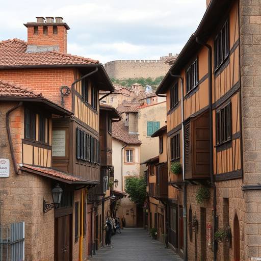 Una calle pintoresca en Albarrac&radic;&ne;n con casas de entramado de madera y la muralla medieval en la distancia
