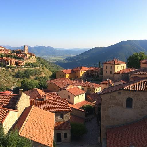 Vista panor&radic;&deg;mica de un pueblo espa&radic;&plusmn;ol en la monta&radic;&plusmn;a, con casas de piedra y tejas rojas iluminadas por el sol de la tarde.