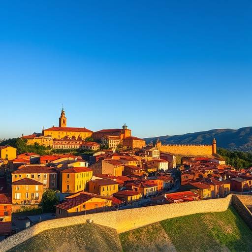 Vista panor&radic;&deg;mica del pueblo de Albarrac&radic;&ne;n con sus casas de color rojizo y la muralla medieval en la cima de la colina, bajo un cielo azul claro.